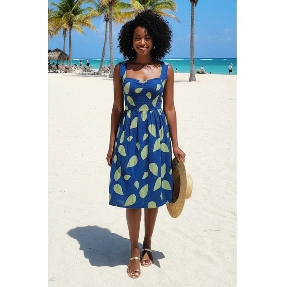 Anthropologie Maple 100% Silk Blue and Green Leaf Print Women's Dress 4 Flaw - Picture 1 of 14